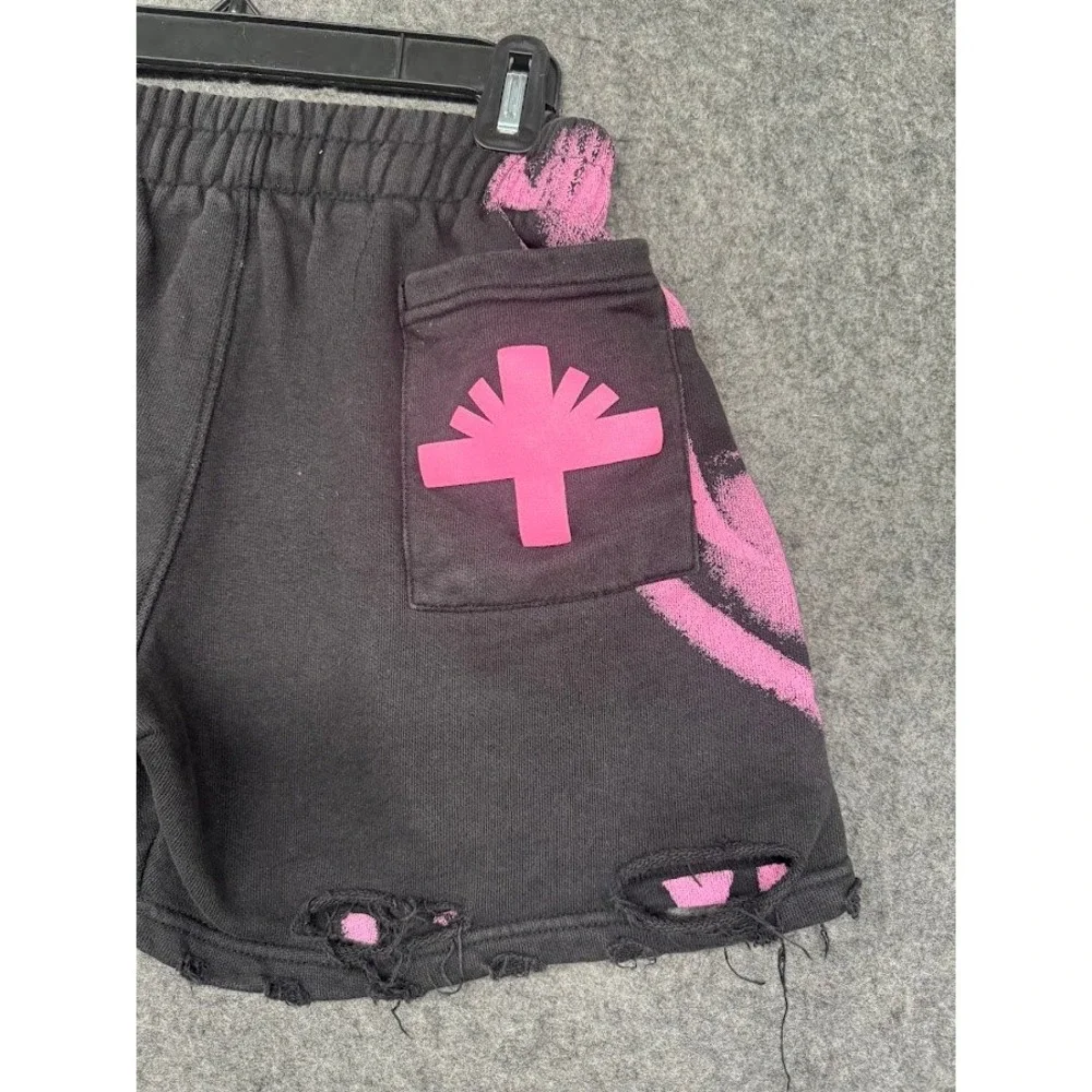 Unknown Brand Skull Print Distressed Sweat‎ Shorts Black Pink Streetwear Mens